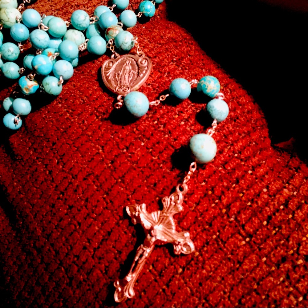 COPY - Turquoise Rosary 22”- 24” long, 6 mm and 8 mm beads, medallions are zinc.